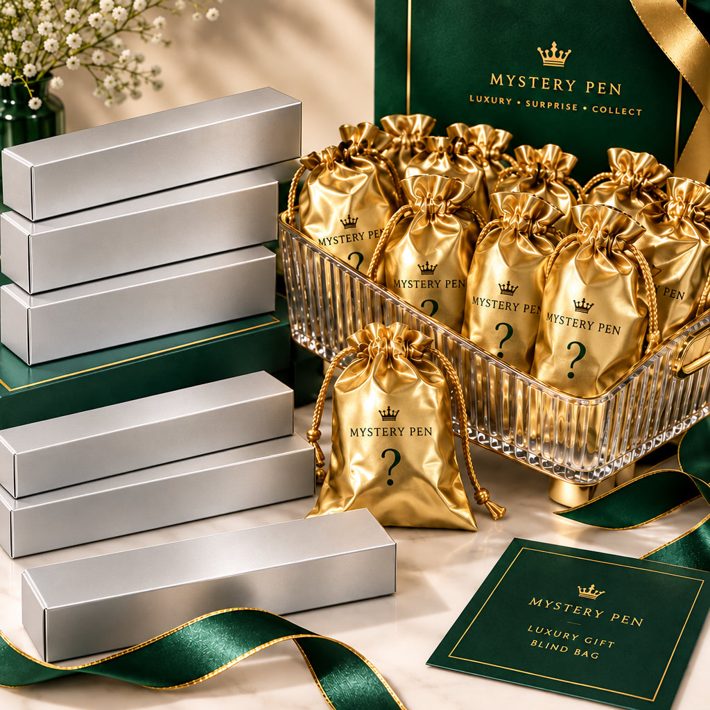 A styled tabletop display featuring a pink mini dresser with two clear acrylic baskets, one holding iridescent holographic cards and the other filled with gold foil-wrapped treats. In front of the dresser are two metallic heart-shaped hand sculptures, with a blurred outdoor greenery backdrop behind.